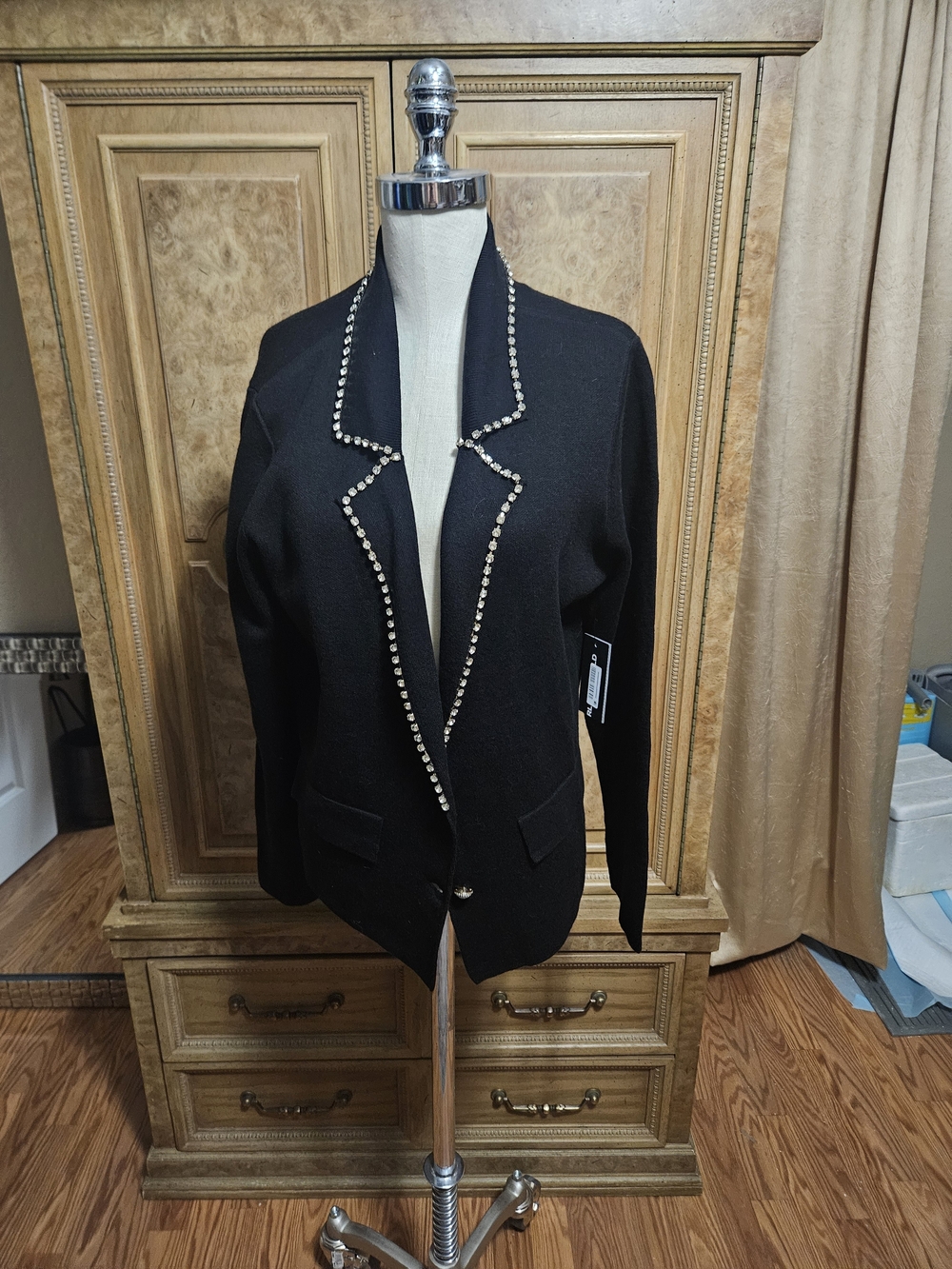 Karl Lagerfeld Black Rhinestone-Trim Knit Blazer Cardigan Soze Large NWT